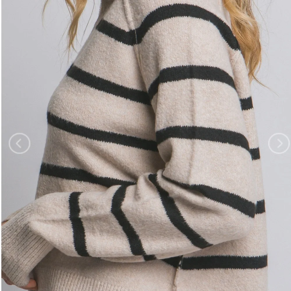 Love Tree Beige and Black Striped V-Neck Sweater - Picture 2 of 3